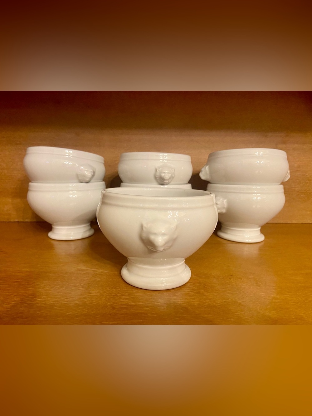 Set of 7 French Porcelain Lion Head Soup Bowls Pedestal Base White Vintage